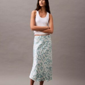 Crushed Satin Print Midi Skirt