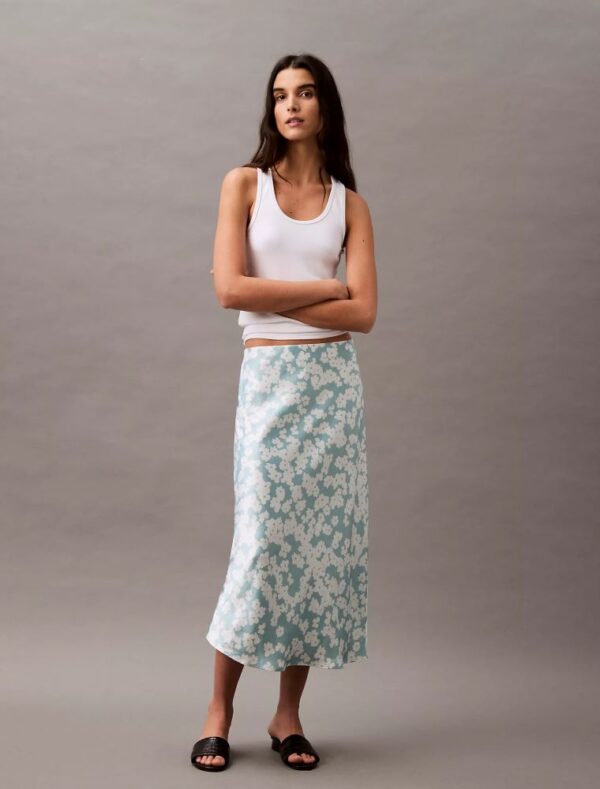Crushed Satin Print Midi Skirt