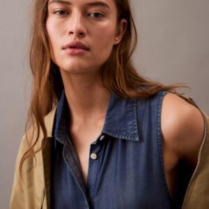 Sleeveless Denim Button-Down Shirt