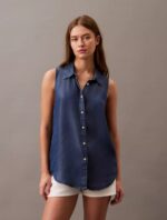 Sleeveless Denim Button-Down Shirt