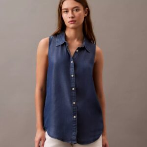 Sleeveless Denim Button-Down Shirt